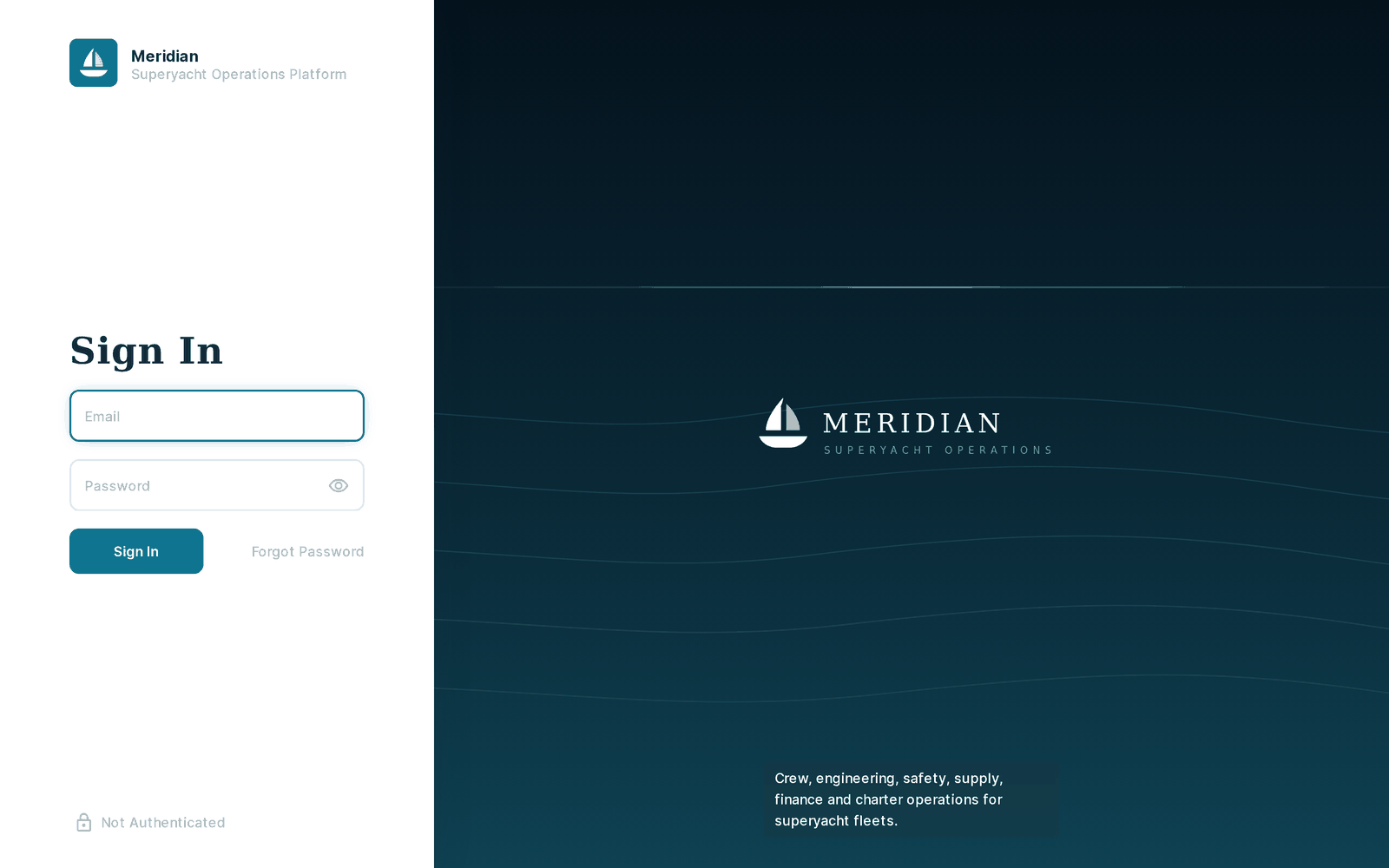 The Meridian login screen in the light theme — branded mark, project name, descriptor and note, all set from project settings